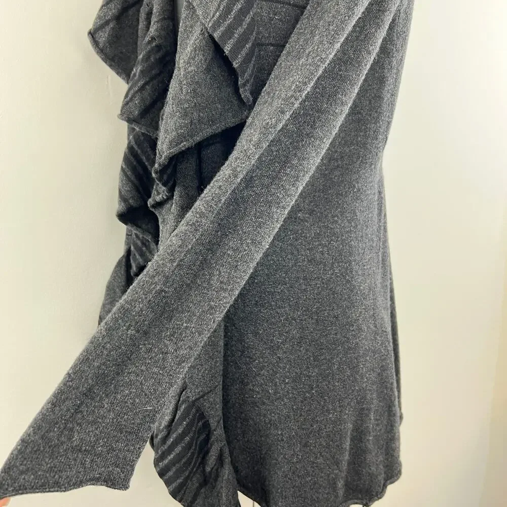 Eileen Fisher Gray Black Merino Wool-Cashmere Ruffle Waterfall Cardigan Size S